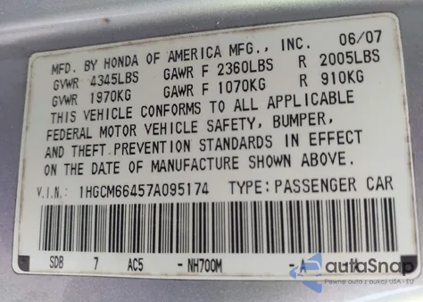 2007 Honda Accord 3.0 Se from USA, damaged, VIN 1HGCM66457A095174